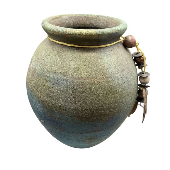 Handcrafted Raku Ceramic Vase With Beaded Feather Decor Signed Jeremy Diller 6"H - Picture 2 of 6